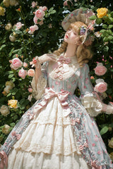 Green [Lilica Garden] Lapel Collar Short Trumpet Sleeves Flower Wall Printed Ruffled Open-Front Bow Lace Sweet Elegant Luxurious Lolita Dress - Product - 4