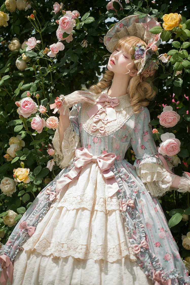 Green [Lilica Garden] Lapel Collar Short Trumpet Sleeves Flower Wall Printed Ruffled Open-Front Bow Lace Sweet Elegant Luxurious Lolita Dress - Product - 4
