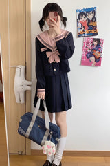 Dark Blue Sailor Collar Long Sleeves Sweet Japanese School Skirt Set - Product - 3