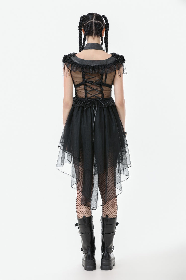 Black V Collar Sleeveless Multi-Layered Ruffled Sheer Mesh Women's Punk Dress - Product - 4