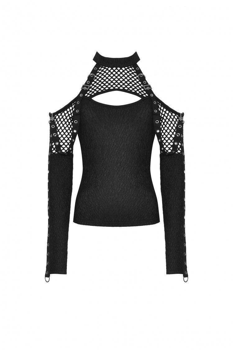 Black Off Shoulder Long Sleeves Cut-Out Spliced Mesh Women's Punk Top - Product - 3
