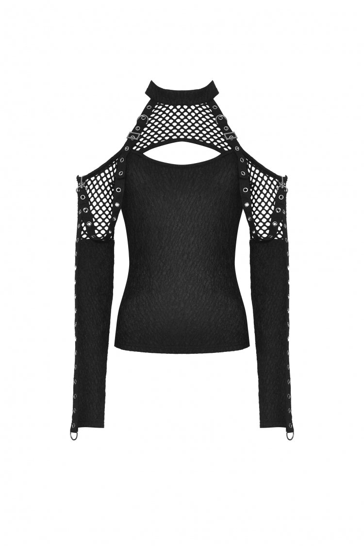 Black Off Shoulder Long Sleeves Cut-Out Spliced Mesh Women's Punk Top - Product - 3