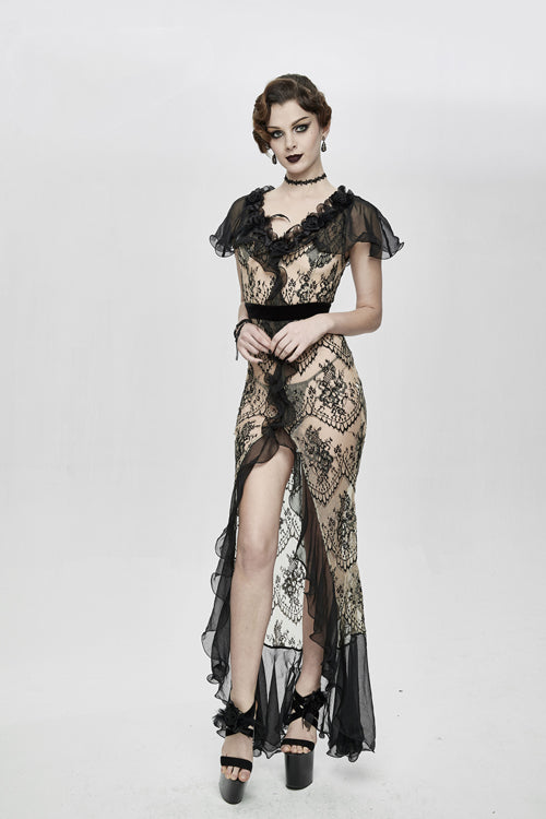 High End Long Transparent Lace Big Split Chiffon Sleeves Womens Gothic Dress - Product - 3