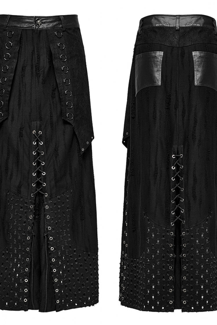 Black Lace-Up Ripped Eyelet Men's Punk Skirt - Product - 2