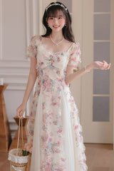 White Floral Pattern Square Collar Short Puff Sleeves Ruffled Open-Front Spliced Sweet Lolita Dress - Product - 6