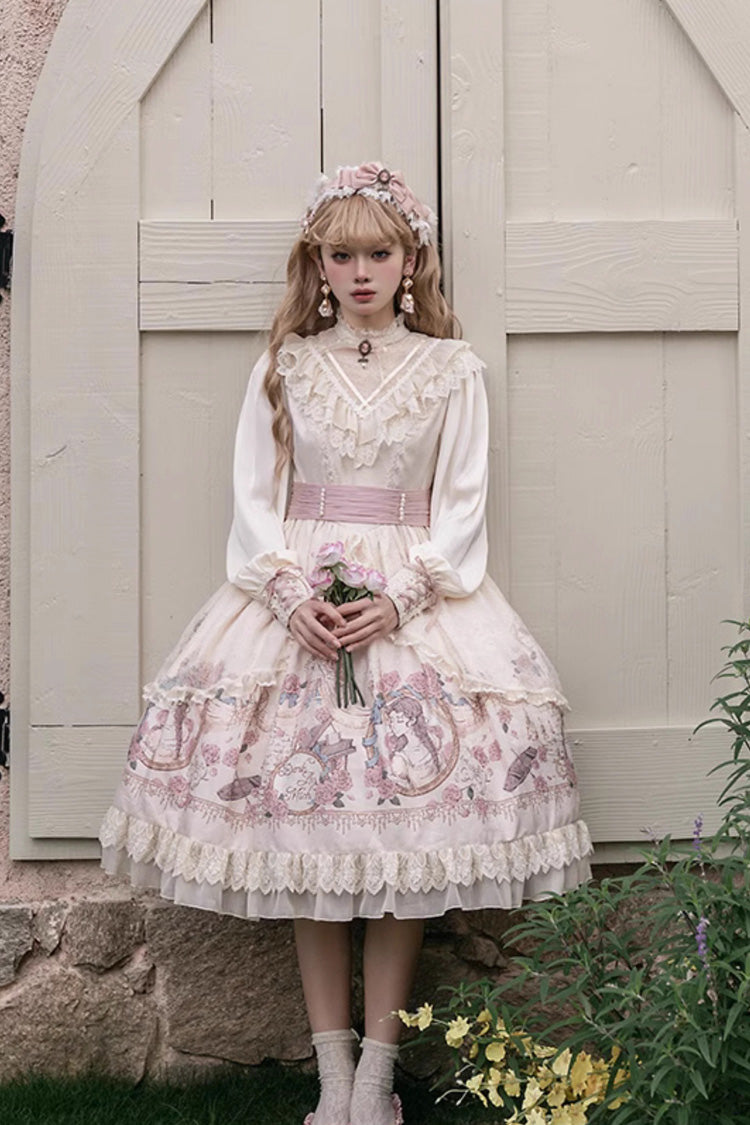 Apricot Rose Prologue Print Long Sleeves Ruffle Sweet Elegant Lolita Dress - Product - 4
