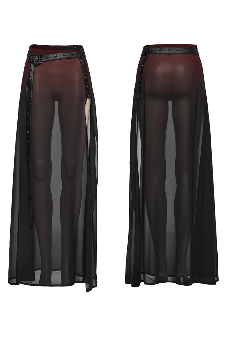 Black/Red Rivet Split Women's Gothic Skirt with Belt - Product - 5
