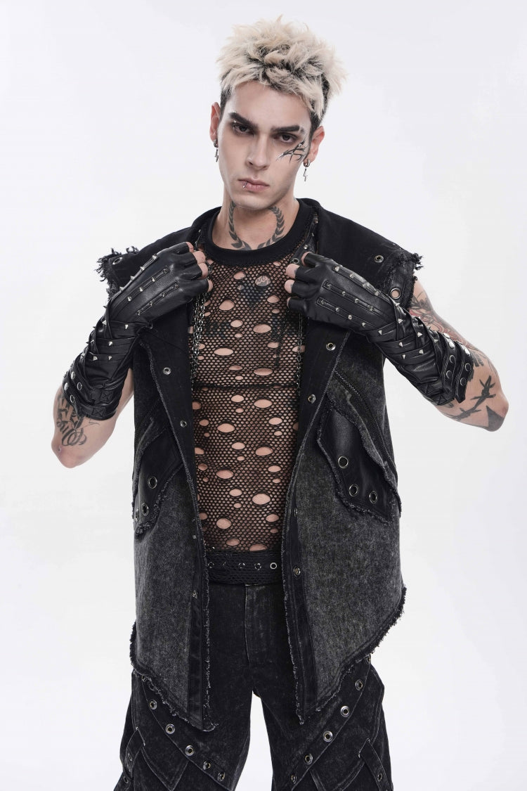 Black Studded Men's Punk Cool Fingerless Gloves - Product - 4