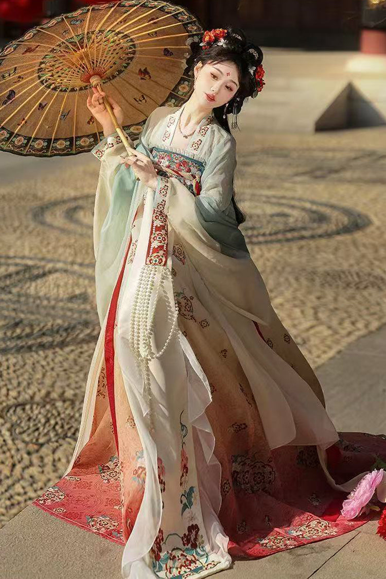 Blue/Pink High Waisted Print Embroidery Women's Classic Hanfu Dress Full Set - Product - 3