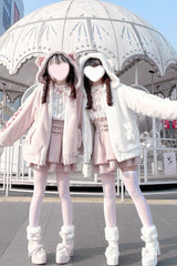 [Sleepy Bear Fluffy] Bear Ears Long Sleeves Bow Lace-Up Hooded Zippered Sweet Jirai Kei Japanese Coat - Product - 3