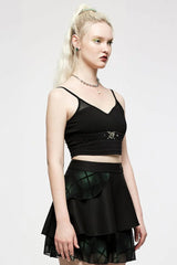 Black Short Sleeves Metal Heart Buckle Strap Slim Women's Punk Vest - Product - 3