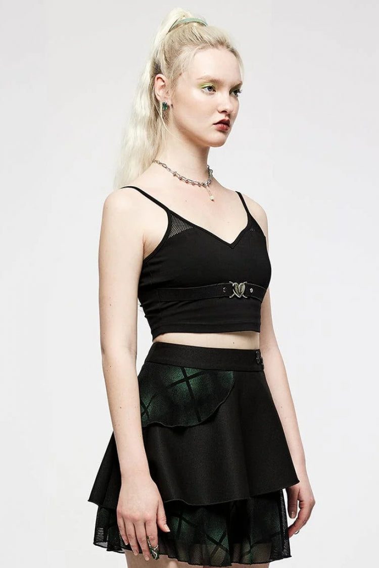 Black Short Sleeves Metal Heart Buckle Strap Slim Women's Punk Vest - Product - 3