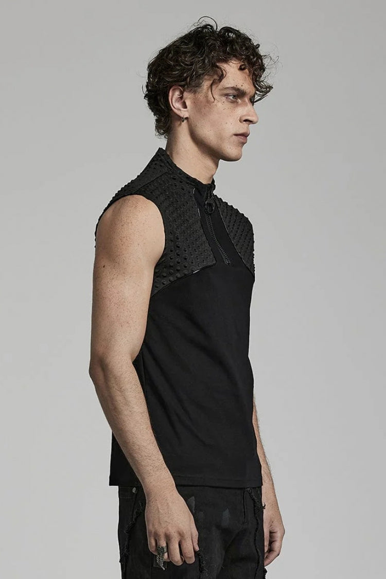 Black Sleeveless Stitching Zipper Mens Steampunk Vest - Product - 2