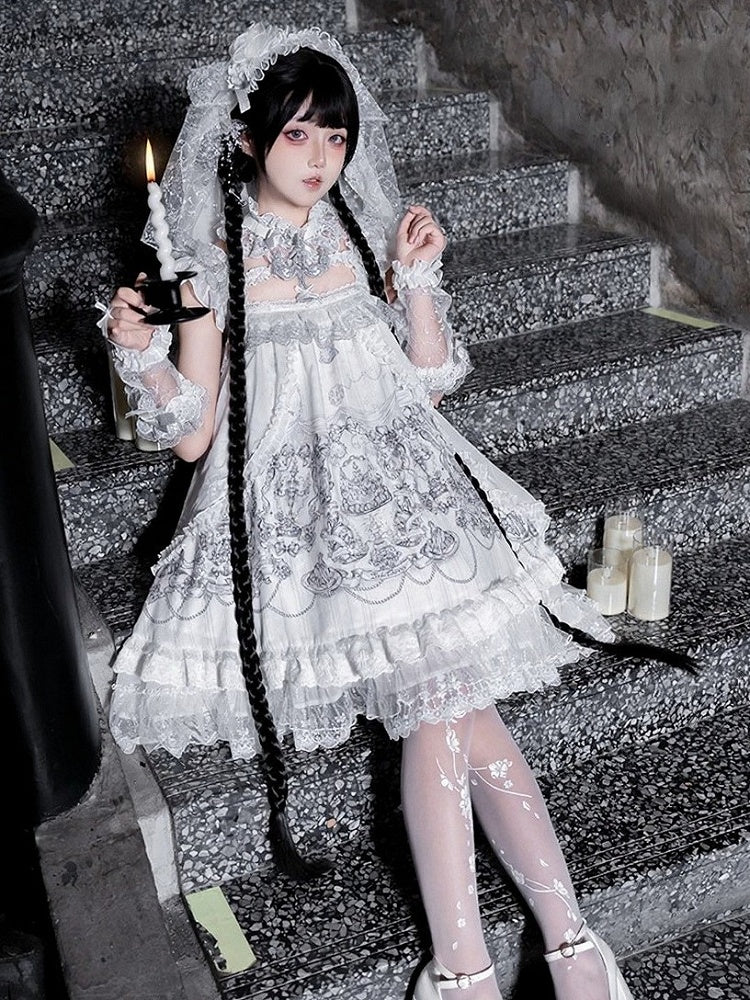 Gothic White Candle Print Waistless Lolita JSK Dress with Lace Details + Choker + Candle Embroidered Brooch Set - view 22