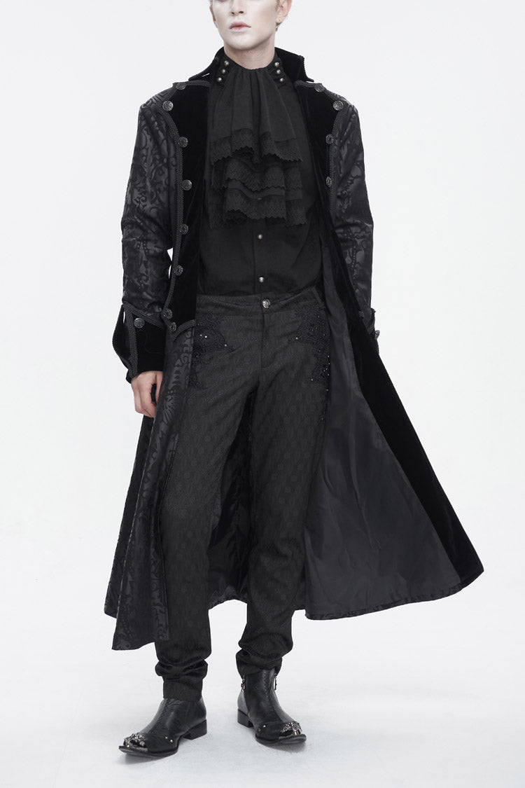 Black Stand Collar Totem Printed Long Men's Gothic Coat - Black - 1