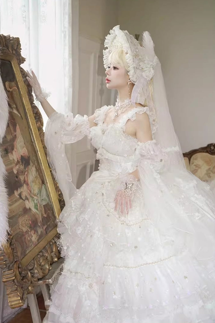 White [Dreamy Waltz] Sleeveless Multi-Layered Ruffled Hanayome Bow Lace Chiffon Gothic Gorgeous Lolita Jsk Dress - Product - 9