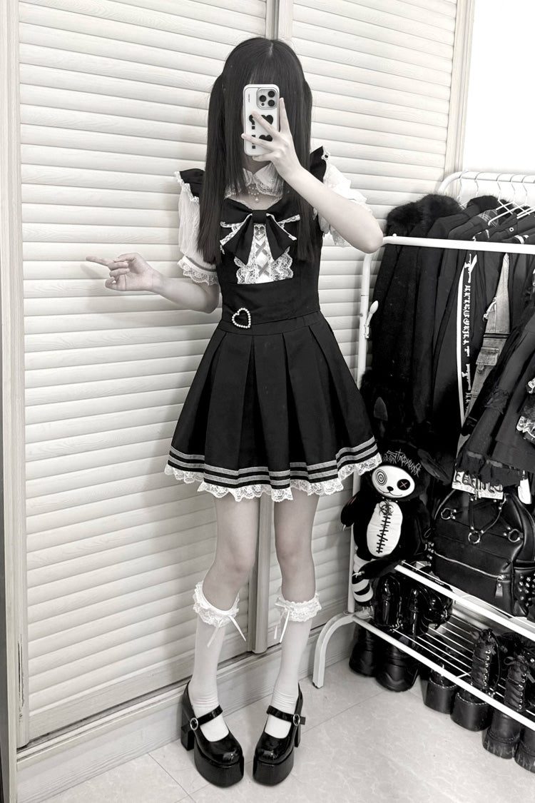 [Pearl Letter] Lapel Collar Short Sleeves Ruffled Bow Lace Jirai Kei Japanese Dress 2 Colors - Product - 6