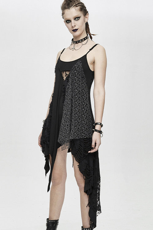 Black Asymmetrical Punk Torn Broken Holes Knitted Womens Slip Dress - Product - 3