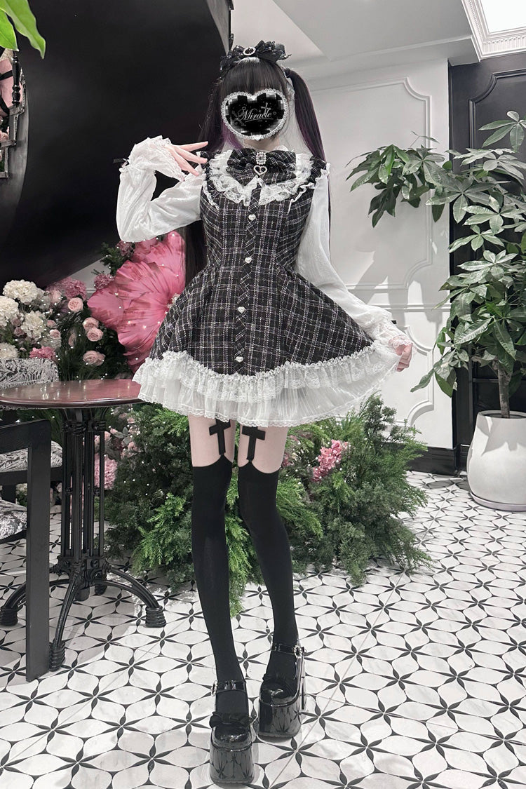 Black [Lunar Eclipse Doll] Long Sleeves Plaid Printed Ruffled Bow Lace Sweet Jirai Kei Japanese Dress Shorts Set - Product - 10