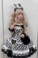 Black/White [Shibuya Sweetheart] Short Sleeves Plaid Print Ruffle Bowknot Sweet Lolita OP Dress (Plus Size Support) - Black/White - 1