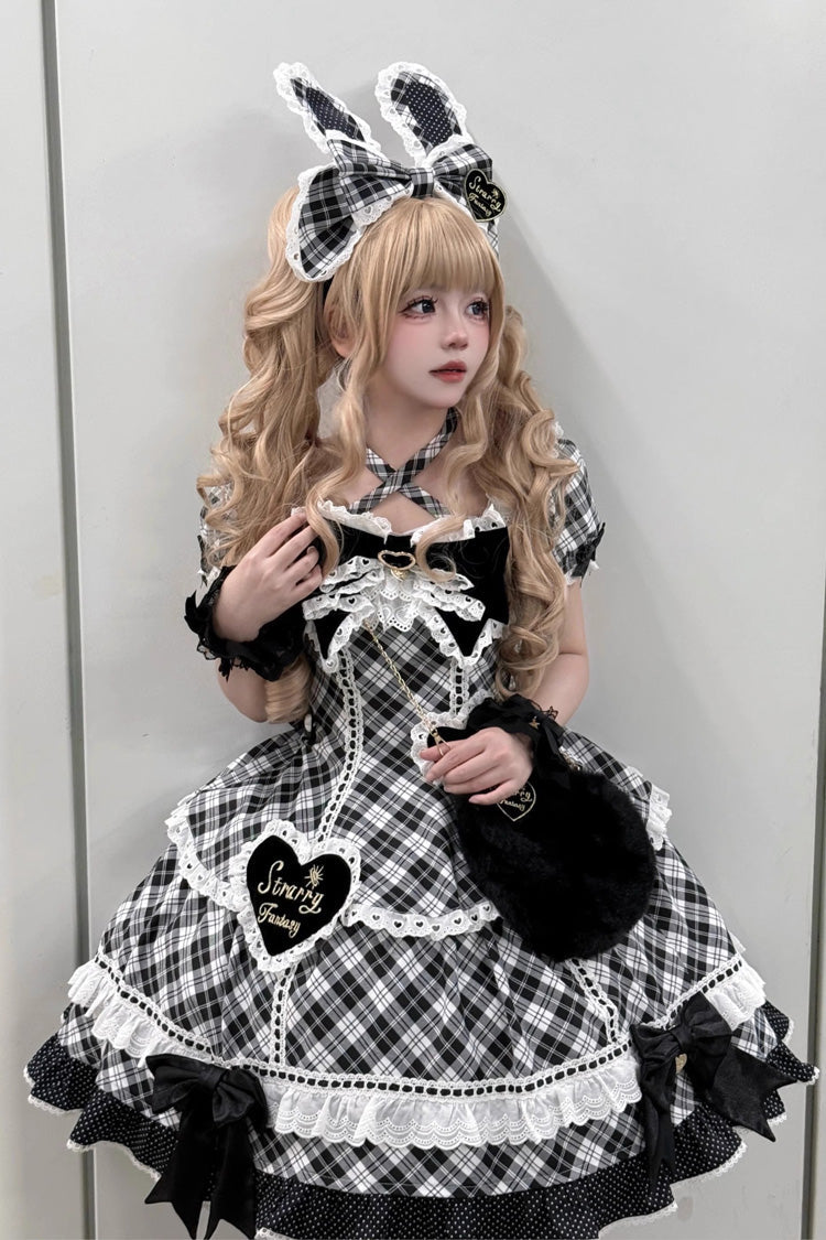 Black/White [Shibuya Sweetheart] Short Sleeves Plaid Print Ruffle Bowknot Sweet Lolita OP Dress (Plus Size Support) - Black/White - 1