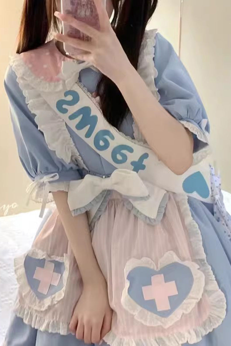 Blue Short Sleeves Love Redemption Print Ruffle Bowknot Lolita Dress - Product - 5
