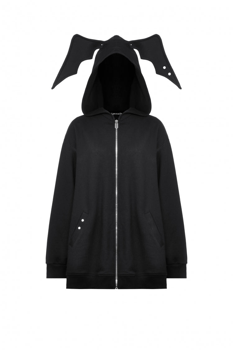 Black Long Sleeves Zippered Women's Gothic Batwing Hoodie - Product - 3
