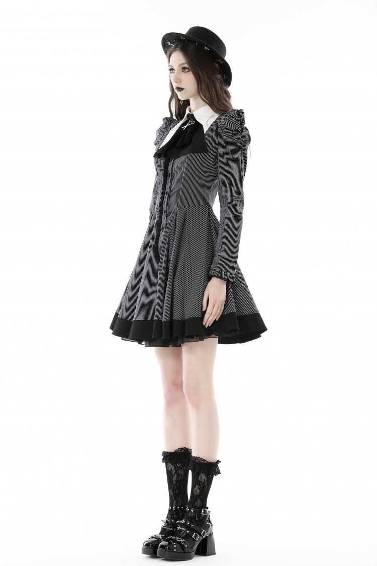 Black/White Lapel Collar Long Puff Sleeves Women's Gothic Striped Preppy Style Dress - Product - 2