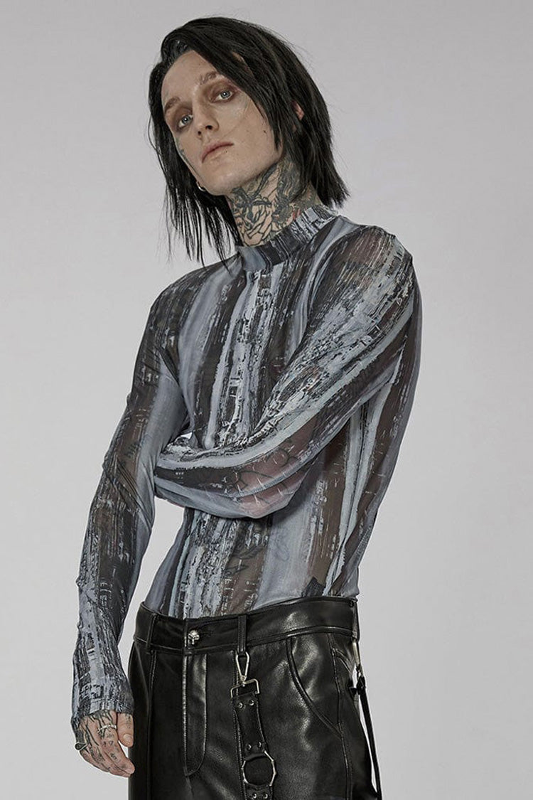 Black/Grey Punk High Collar Technology Sense Printing Elasticity Tight Long Sleeves Men's Shirt - Product - 2