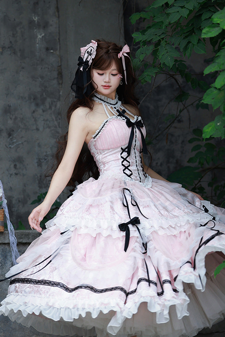 Pink Cross Halterneck Ruffle Bowknot Lace Lace-Up Princess Sweet Lolita Dress - Product - 8