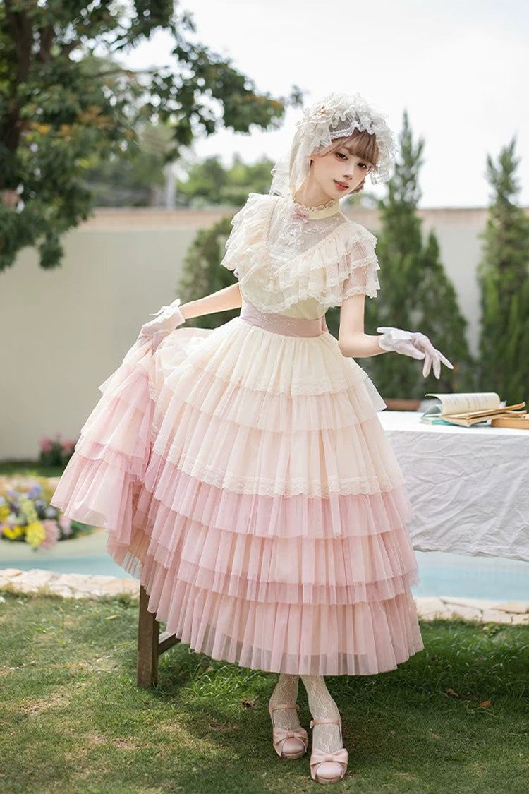 Pink [Sincere Vow] Edwardian Collar Short Sleeves Ombre Multi-Layered Ruffled Embroidered Sweet Lolita Dress - Product - 14