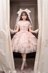 Pink [Candy Flavor] Round Collar Short Sleeves Ruffled Bow Lace Sweet Gorgeous Lolita OP Dress - Product - 5