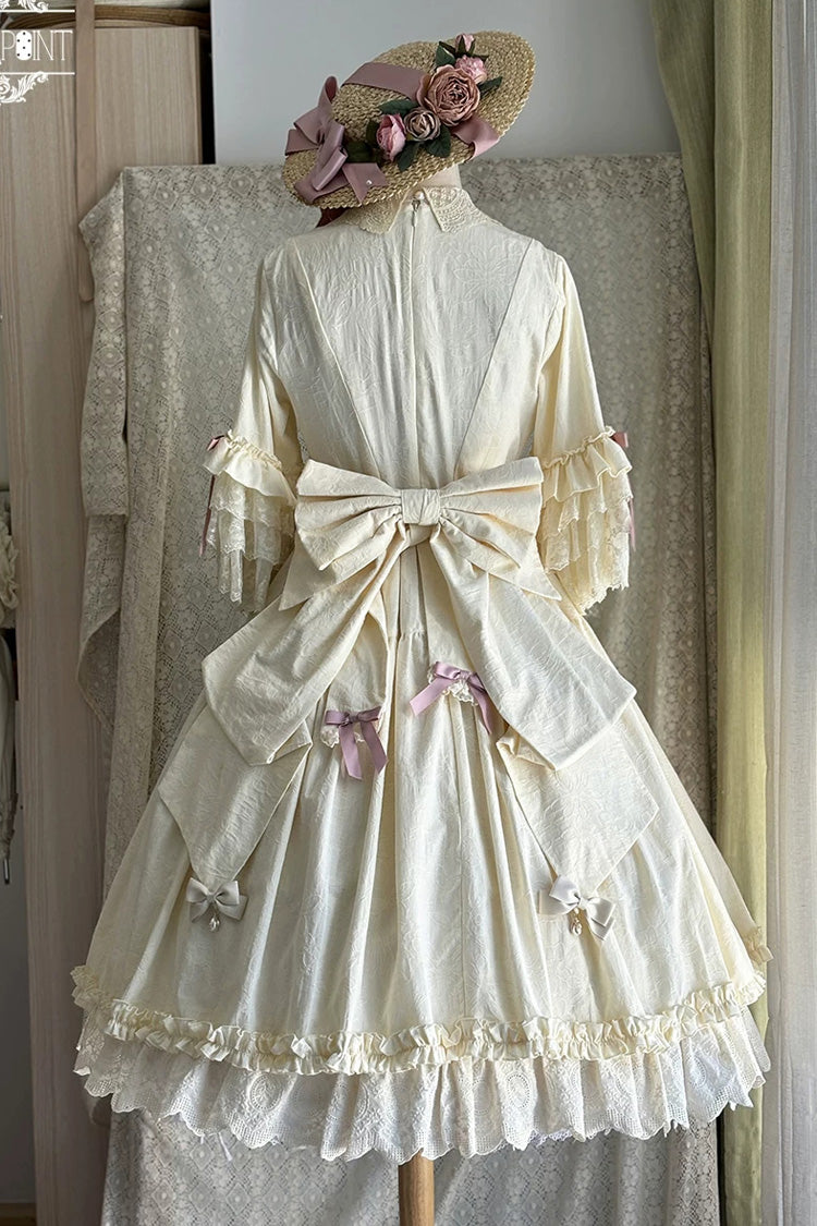 Ivory [Lilica Garden] Lapel Collar Short Trumpet Sleeves Ruffled Open-Front Bow Lace Sweet Elegant Luxurious Lolita Dress - Product - 11