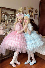 Blue [Lotus Butterfly Heart] Multi-Layered Ruffle Hanayome Bowknot Lace Sweet Lolita Jsk Dress - Product - 9