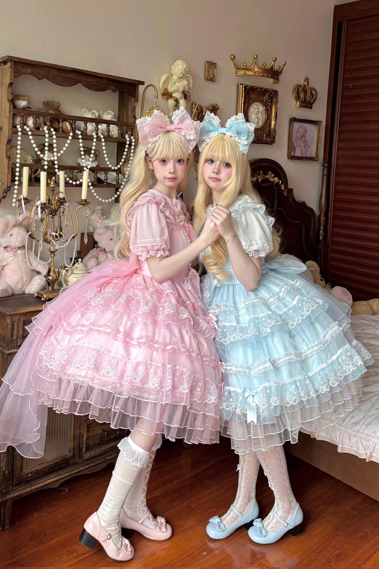 Blue [Lotus Butterfly Heart] Multi-Layered Ruffle Hanayome Bowknot Lace Sweet Lolita Jsk Dress - Product - 9