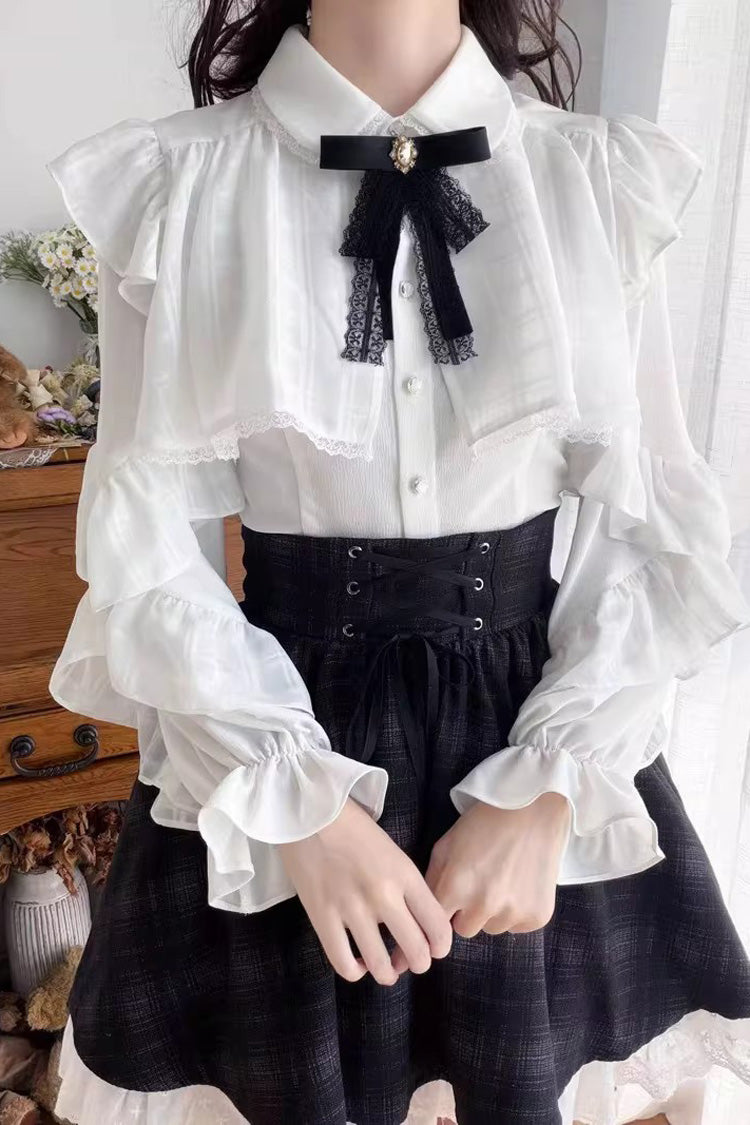 Black/White Long Sleeves Plaid Printed Lace Lace-Up Sweet Jirai Kei Skirt Set - Product - 8