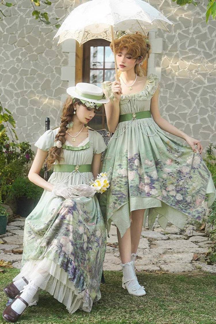 Green [Blooming Roses] Print Oil Painting Chiffon Ruffle Bowknot Irregular Sweet Lolita Jsk Dress - Product - 10