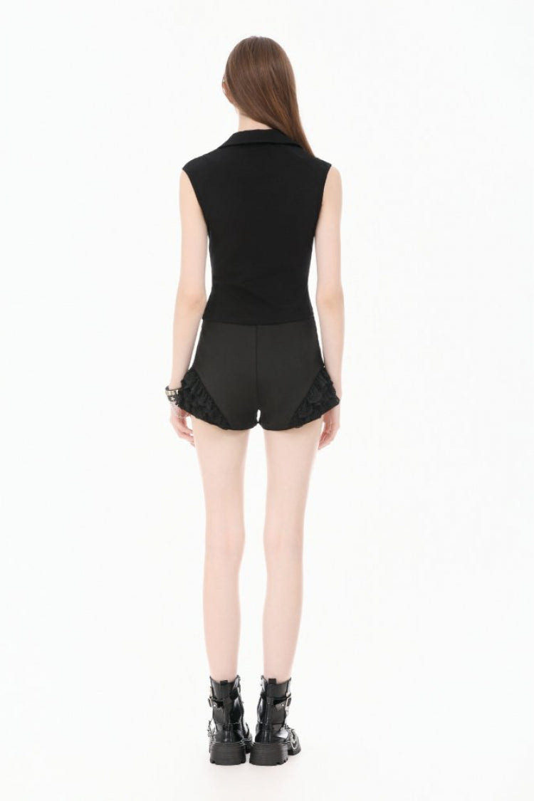 Black Women's Punk Turn-down Collar Lace-Up Studded Sleeveless Polo Top - Product - 4