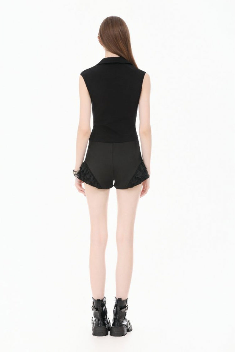 Black Women's Punk Turn-down Collar Lace-Up Studded Sleeveless Polo Top - Product - 4