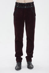 Red High Waisted Lace Splice Men's Gothic Pants - Red - 1