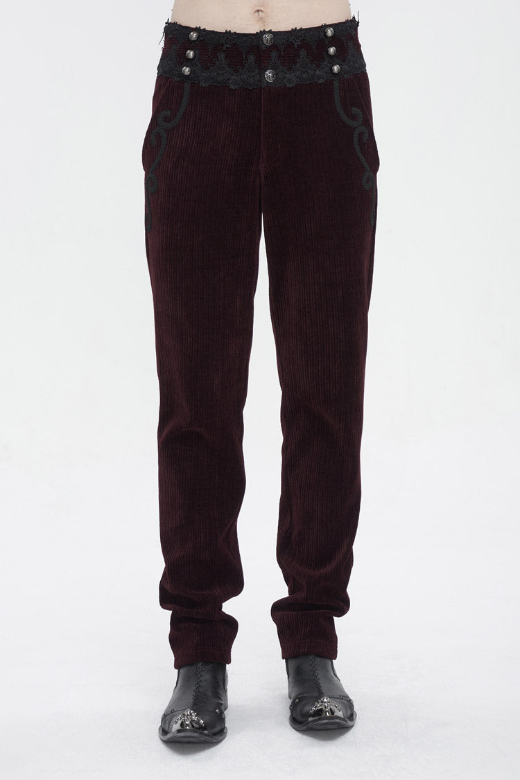 Red High Waisted Lace Splice Men's Gothic Pants - Red - 1