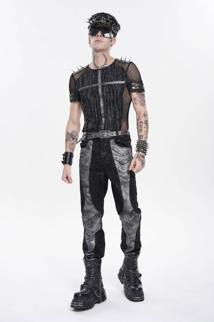 Black Round Collar Long Sleeves Spliced Slim Mesh Studded Eyelet Men's Punk T-Shirt - Product - 7