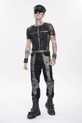 Black Round Collar Long Sleeves Spliced Slim Mesh Studded Eyelet Men's Punk T-Shirt - Product - 7