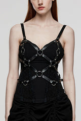 Black PU Leather Cross Metal Ring Buckle Women's Steampunk Body Harness - Black - 1