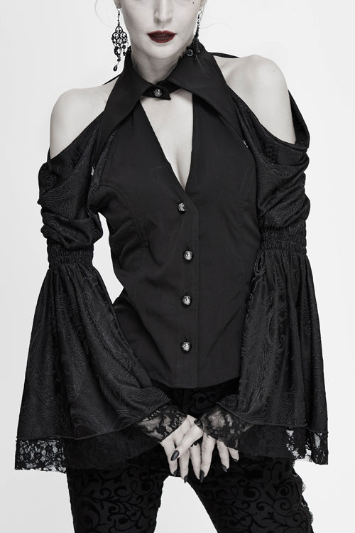 Black Off The Shoulder Trumpet Sleeves Sexy Womens Gothic Blouse - Black - 1