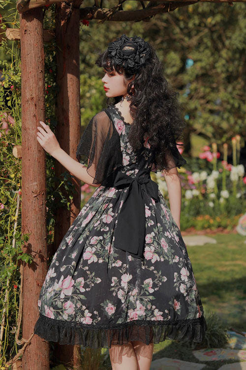 Black Elegant Vintage French Rose Print Square Collar Ruffled Classic Lolita OP Dress - Product - 4
