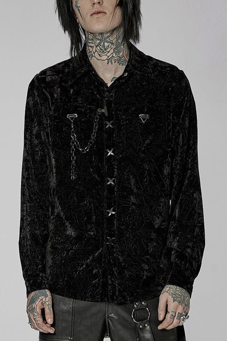 Men's Stand Collar Long Sleeves Metal Buckle Detachable Chain Steampunk Blouse 2 Colors - Black - 1