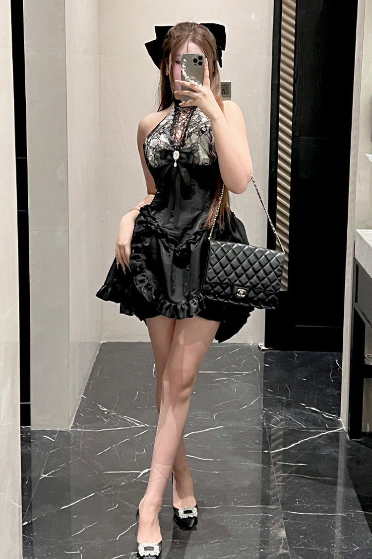 Black Ruffle Bowknot Lace Irregular Gothic Lolita Skirt Two-piece Set - Product - 7
