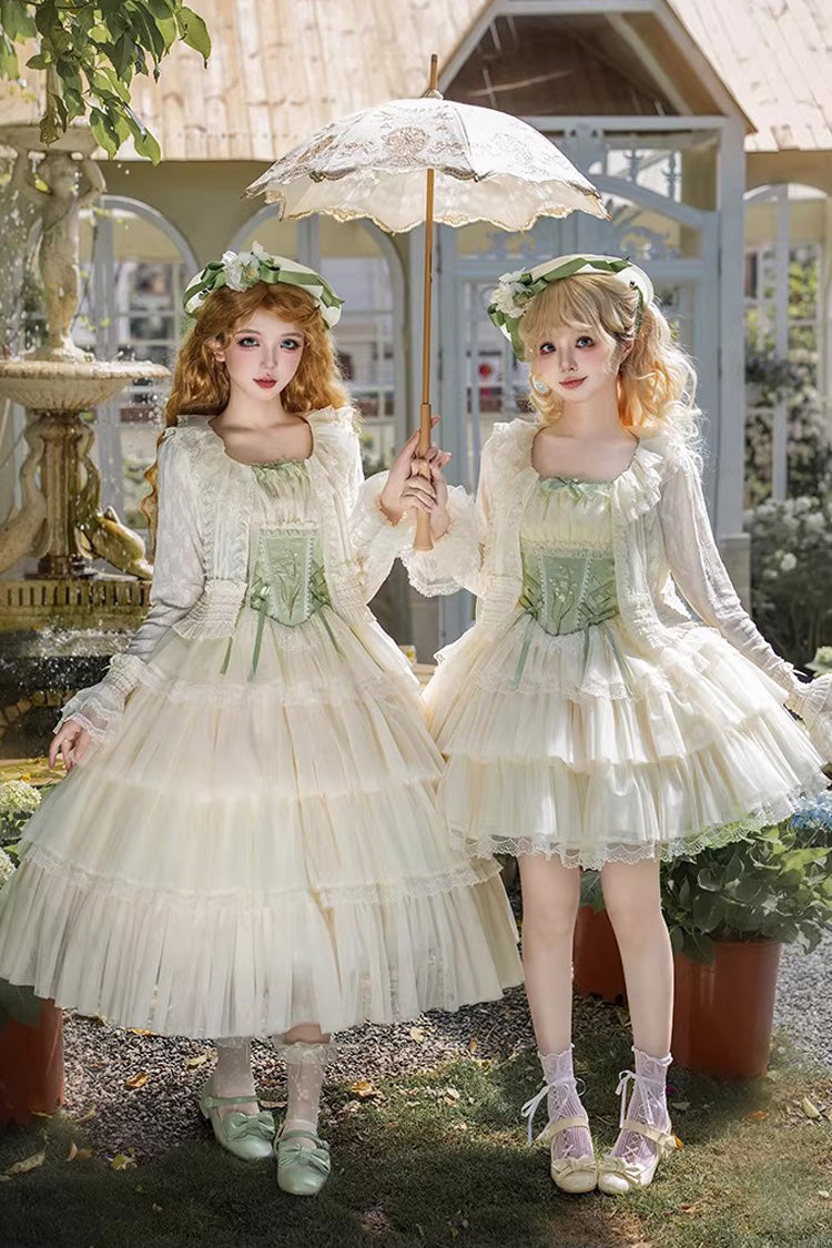 Green [Letters & Poems · Whisper of Lily of the Valley] Square Collar Multi-Layered Ruffled Embroidered Fishbone Sweet Lolita Jsk Dress 2 Versions - Product - 7