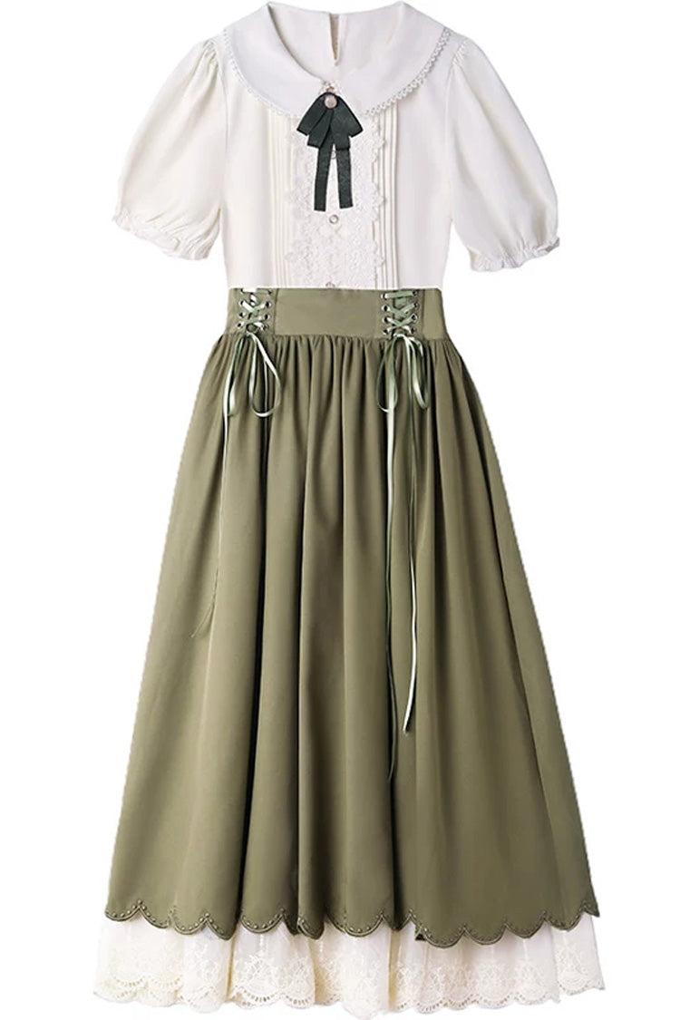 Solid Color Lapel Collar Short Sleeves High Waisted Lace-Up Wave Hem Classic Lolita Two-Piece Skirt Set 7 Colors - Product - 11